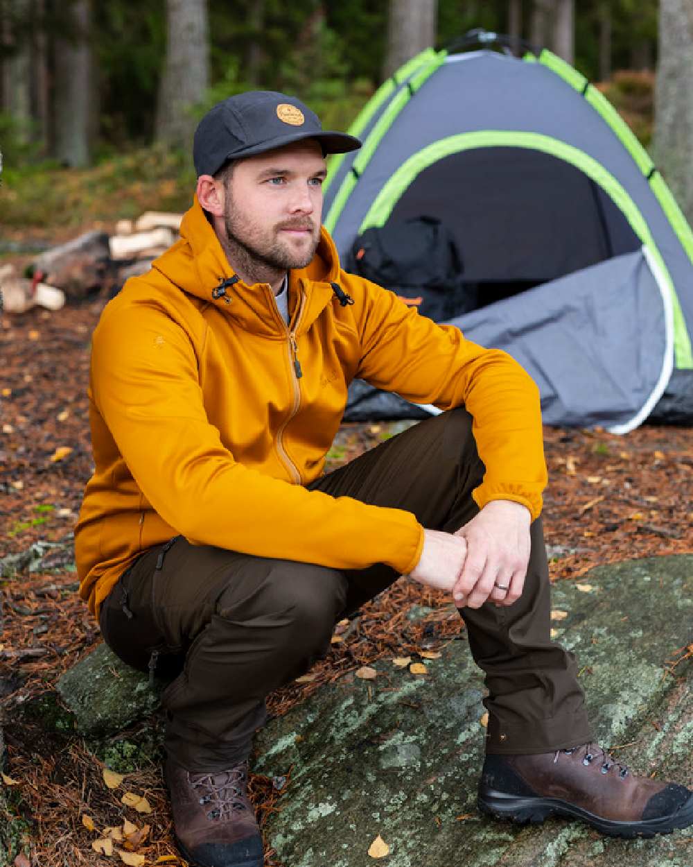 Dark Olive Suede Brown Coloured Pinewood Mens Abisko Brenton Trousers on forest background 