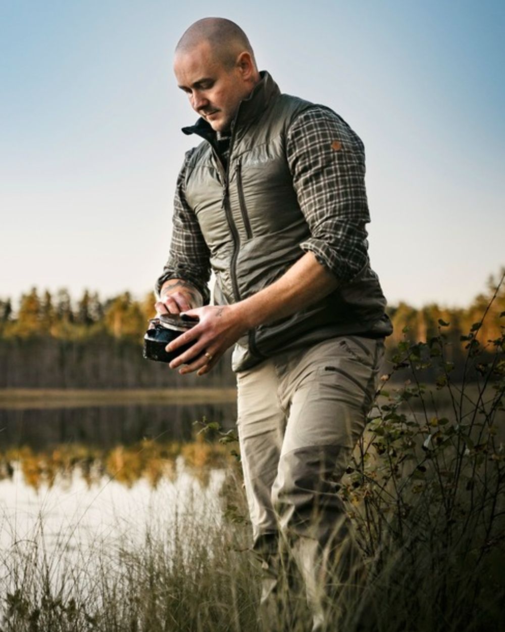 Mole Brown Coloured Pinewood Mens Abisko Brenton Trousers on forest background 