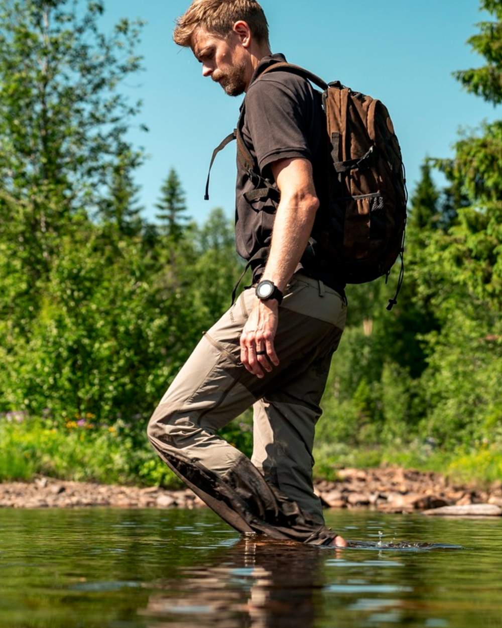 Mole Brown Coloured Pinewood Mens Abisko Brenton Trousers on forest background 