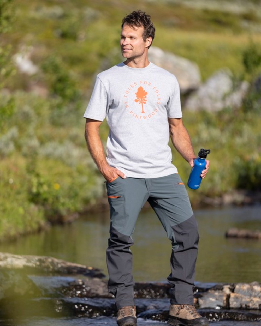 Urban Grey Dark Anthracite Coloured Pinewood Mens Abisko Brenton Trousers on forest background 