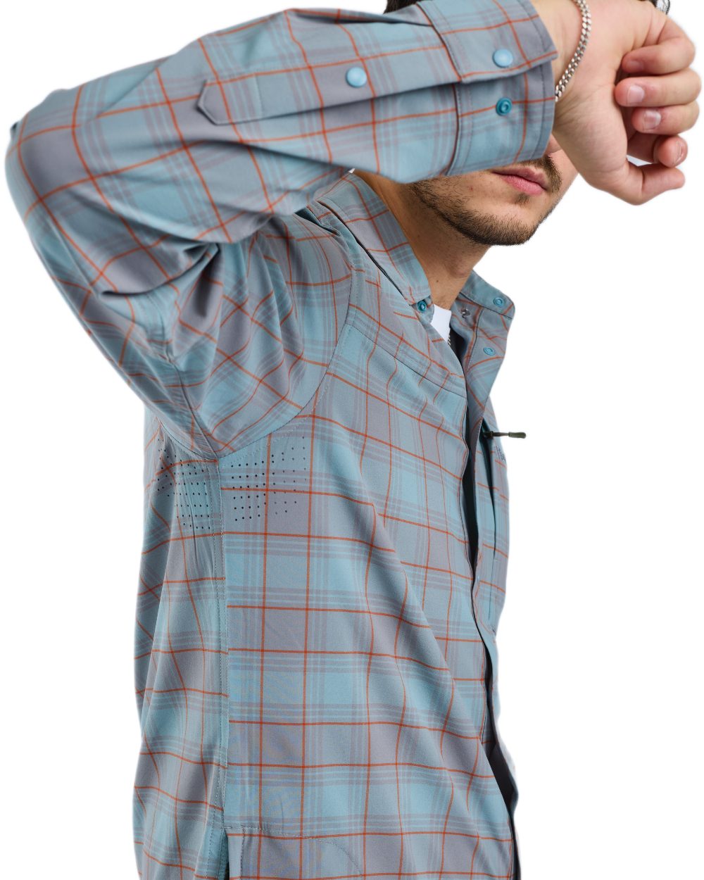 Aqua Grey coloured Pinewood Mens Abisko Trekking InsectSafe Long Sleeve Shirt on white background 