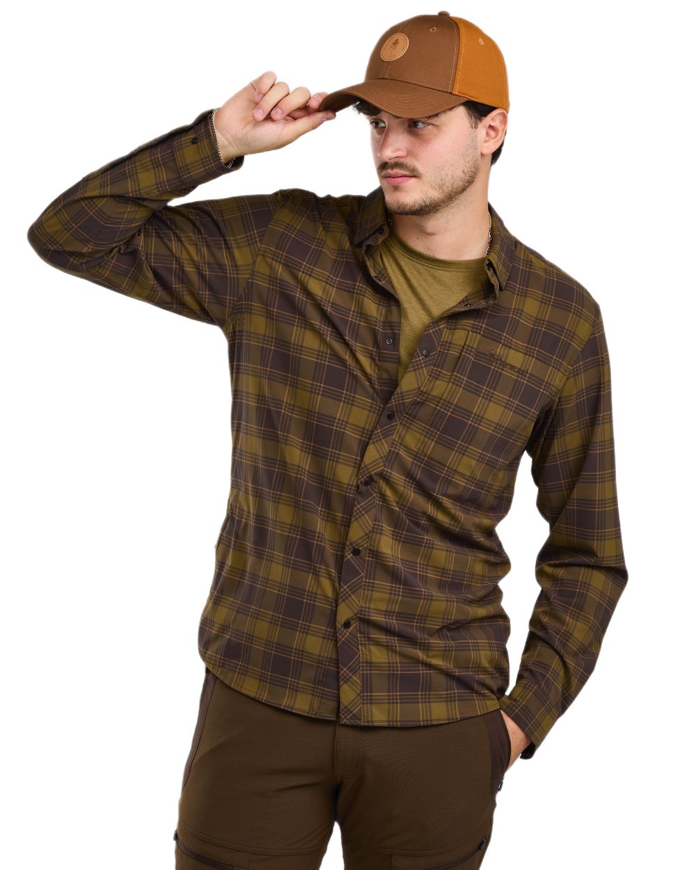 Dark Olive Dark Sandstone coloured Pinewood Mens Abisko Trekking InsectSafe Long Sleeve Shirt on white background 