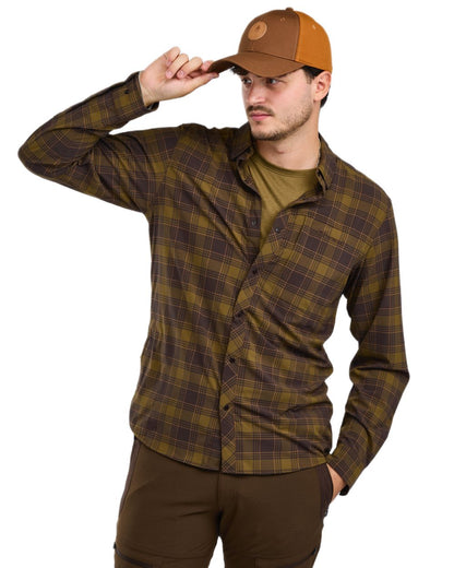 Dark Olive Dark Sandstone coloured Pinewood Mens Abisko Trekking InsectSafe Long Sleeve Shirt on white background 