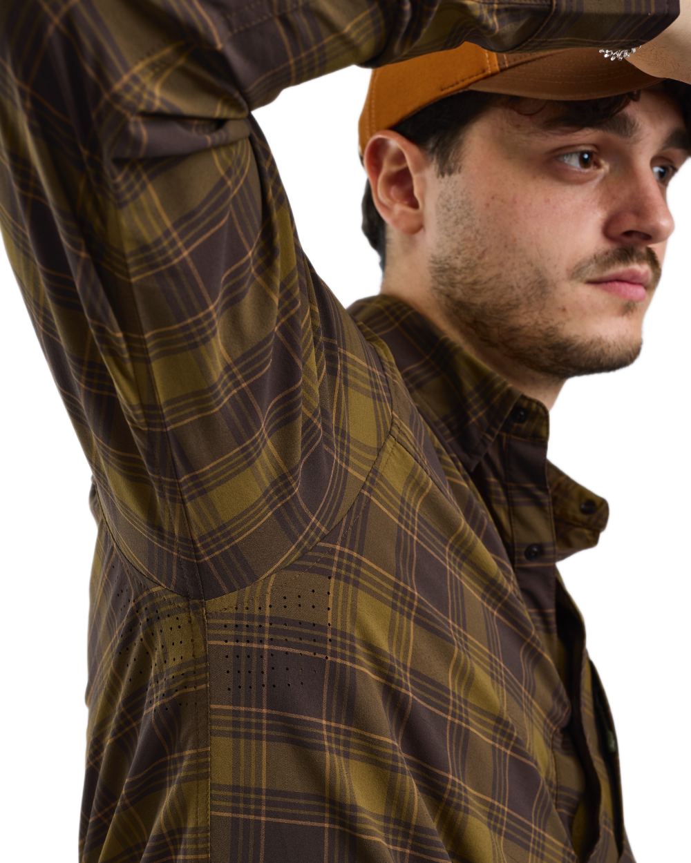 Dark Olive Dark Sandstone coloured Pinewood Mens Abisko Trekking InsectSafe Long Sleeve Shirt on white background 