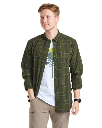 Moss Green Coloured Pinewood Mens Abisko Trekking Long Sleeve Shirt on white background 