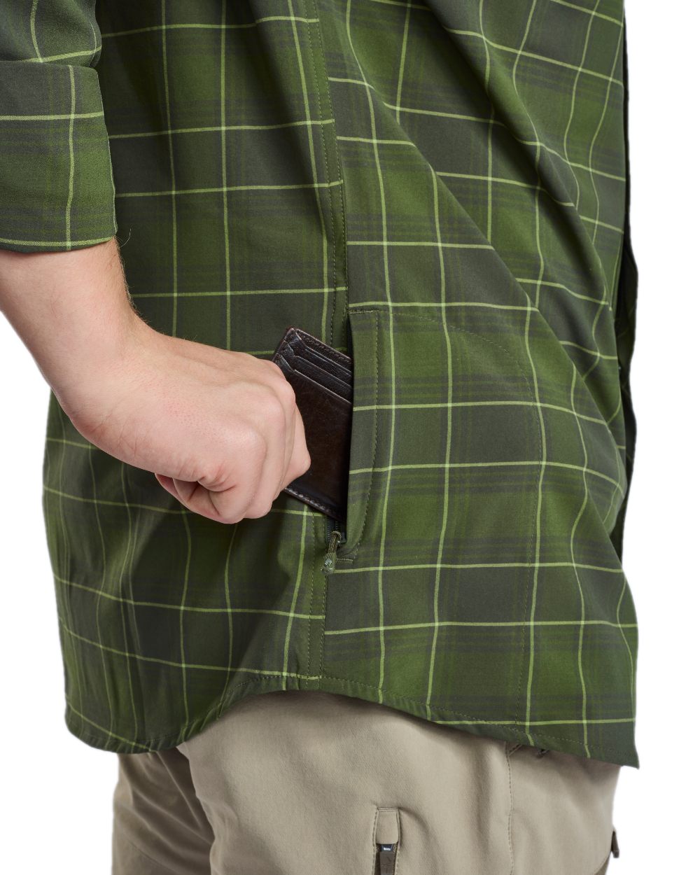 Moss Green Coloured Pinewood Mens Abisko Trekking Long Sleeve Shirt on white background 