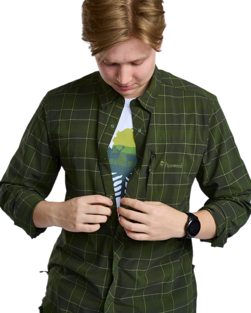 Moss Green Coloured Pinewood Mens Abisko Trekking Long Sleeve Shirt on white background 