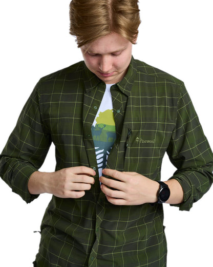 Moss Green Coloured Pinewood Mens Abisko Trekking Long Sleeve Shirt on white background 