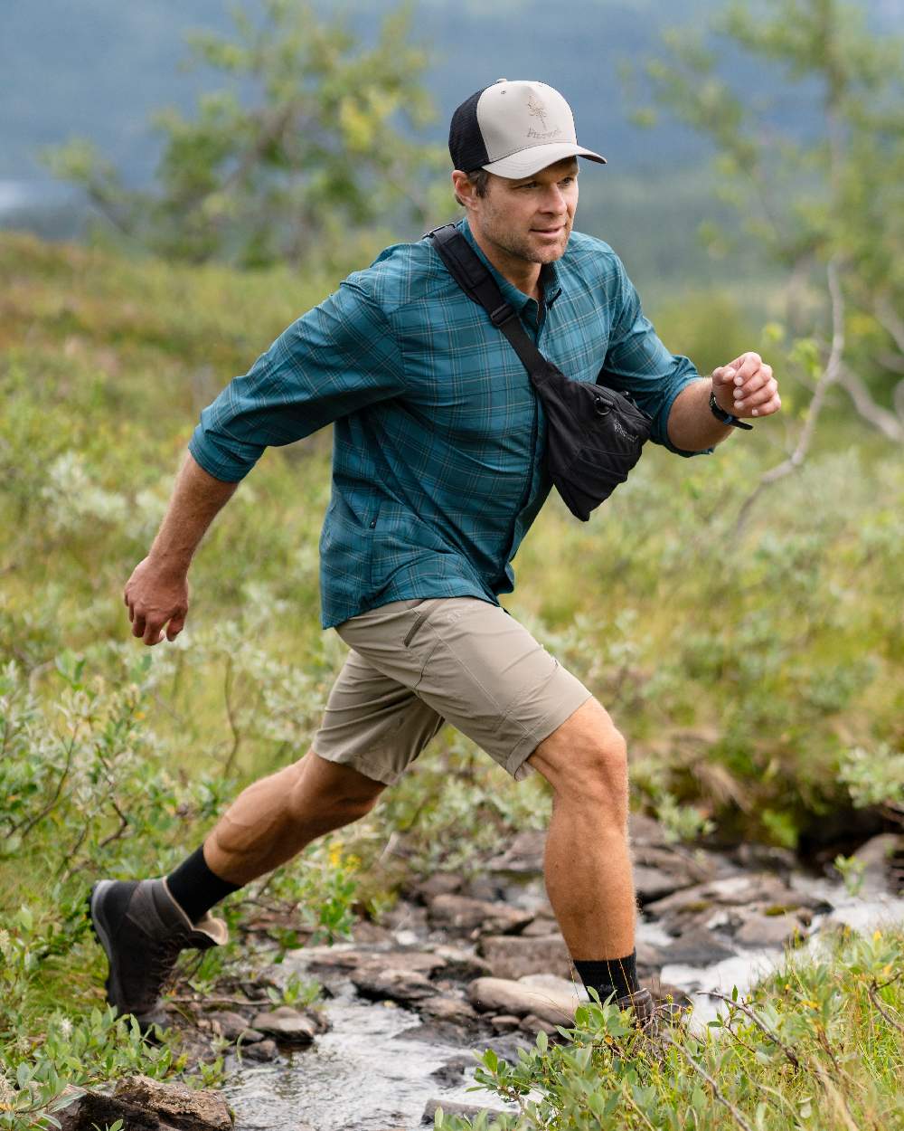 Teal Blue Coloured Pinewood Mens Abisko Trekking Long Sleeve Shirt on outdoor background 