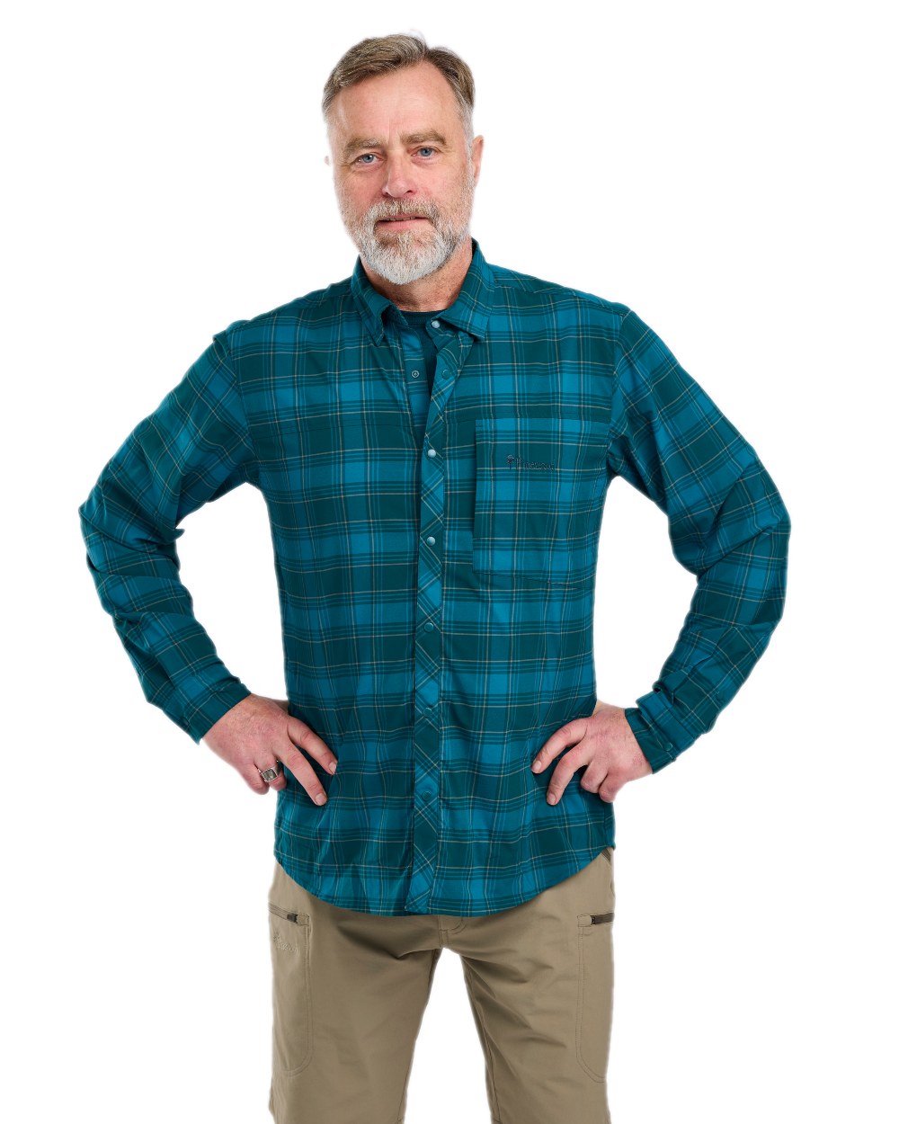 Teal Blue Coloured Pinewood Mens Abisko Trekking Long Sleeve Shirt on  white background 