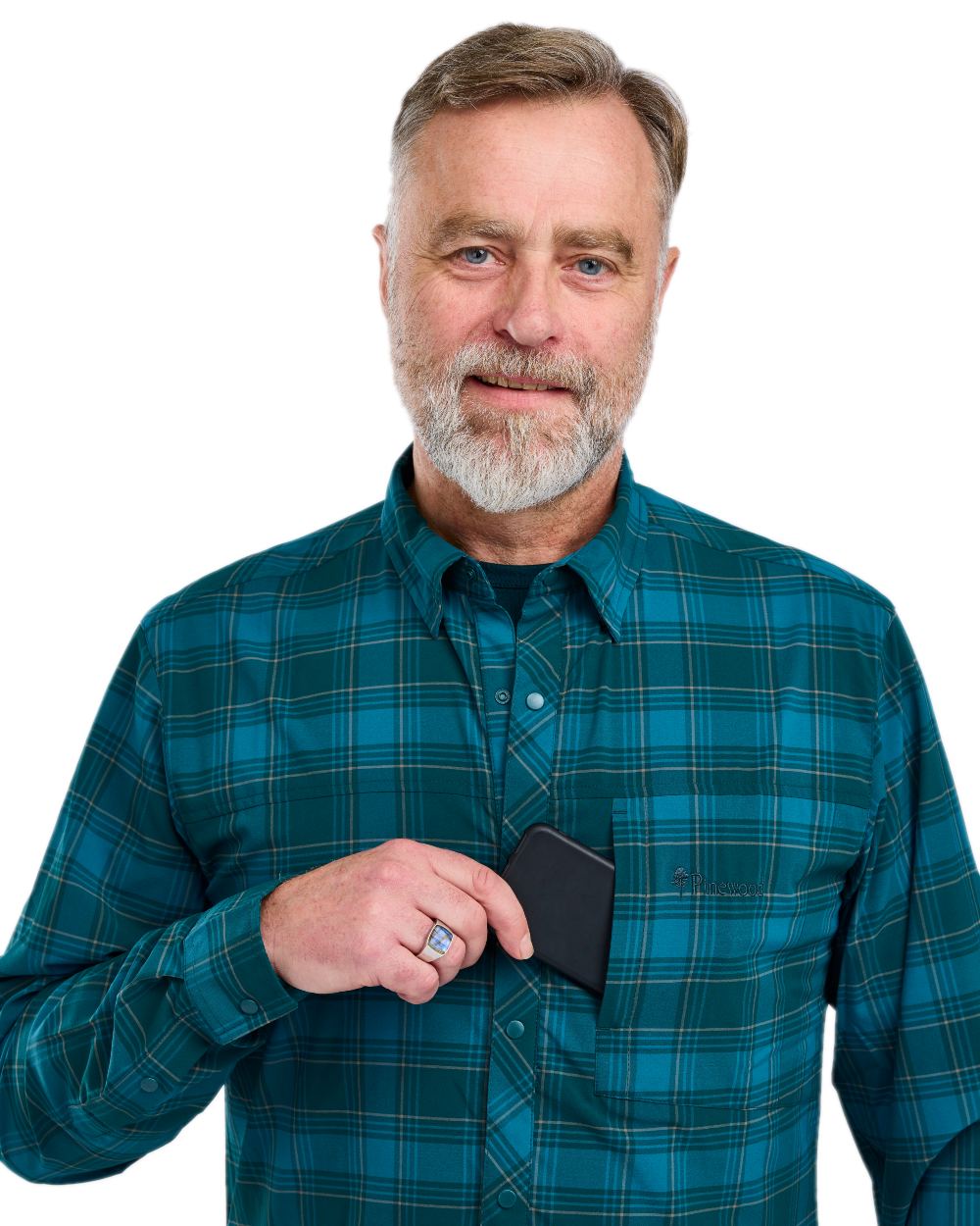 Teal Blue Coloured Pinewood Mens Abisko Trekking Long Sleeve Shirt on  white background 