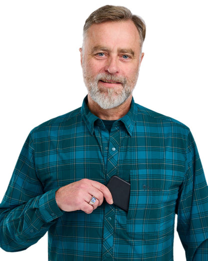 Teal Blue Coloured Pinewood Mens Abisko Trekking Long Sleeve Shirt on  white background 