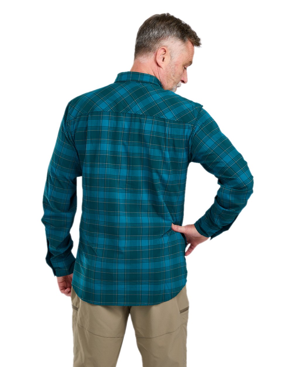 Teal Blue Coloured Pinewood Mens Abisko Trekking Long Sleeve Shirt on  white background 