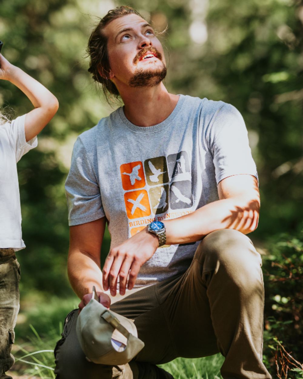 Light Grey Melange Combo coloured Pinewood Mens Birding T-Shirt on forest background 