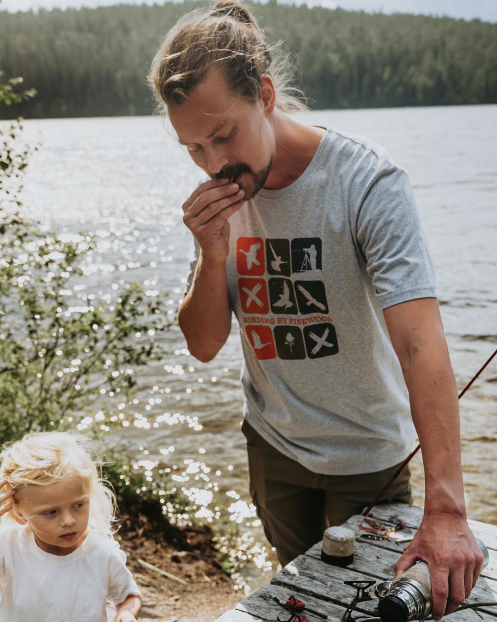Light Grey Melange Combo coloured Pinewood Mens Birding T-Shirt on lake background 