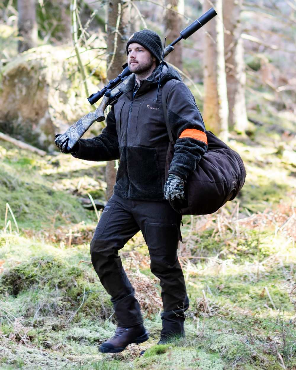 Suede Brown Dark Olive Coloured Pinewood Mens Caribou Hunt Extreme Trousers on outdoor background 