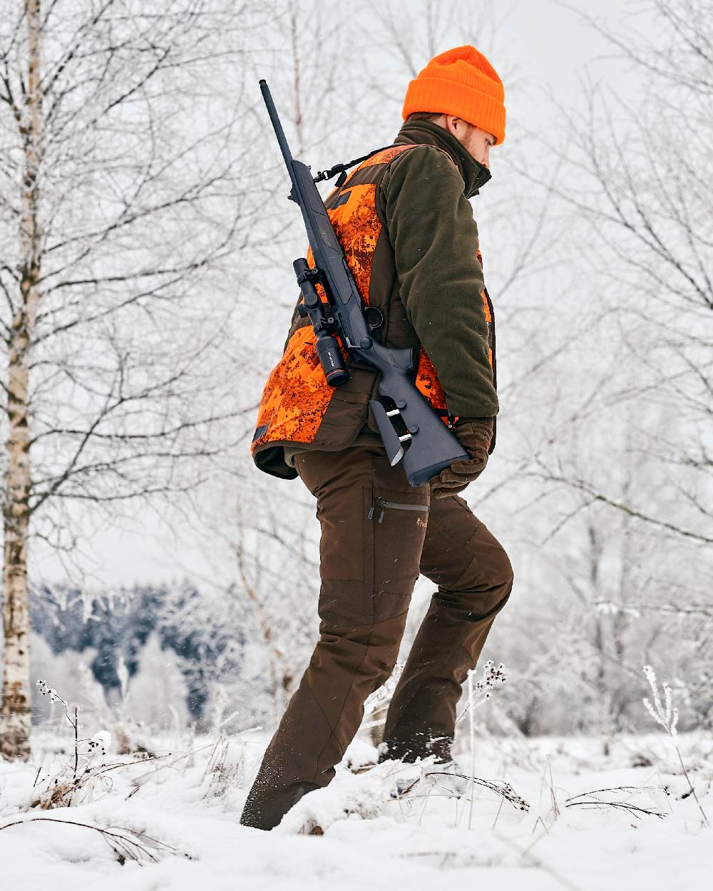 Suede Brown Dark Olive Coloured Pinewood Mens Caribou Hunt Extreme Trousers on snow background 