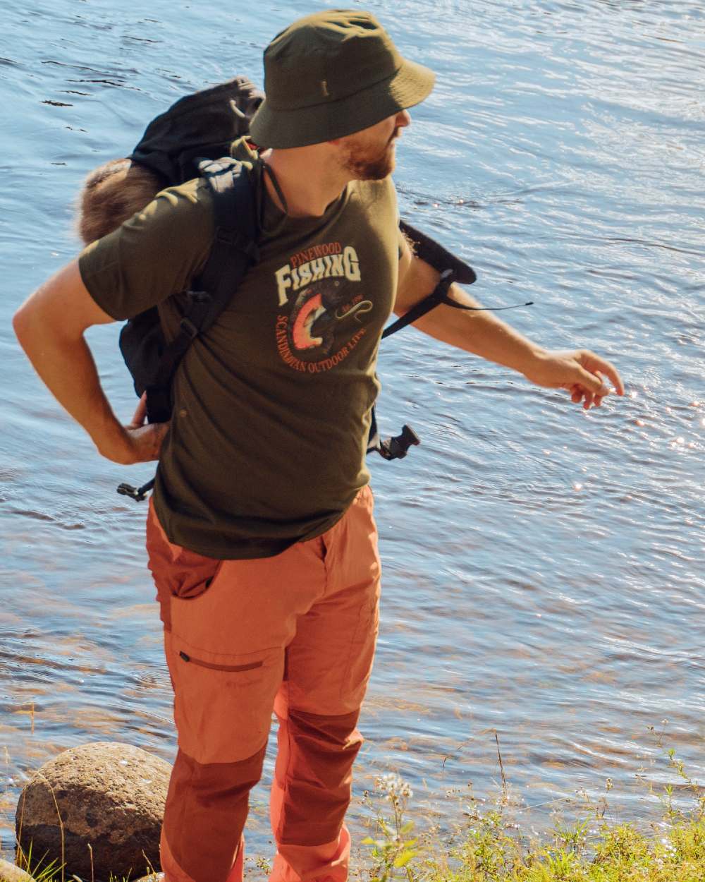 Burned Orange Terracotta Coloured Pinewood Mens Caribou TC Trousers on lake background 
