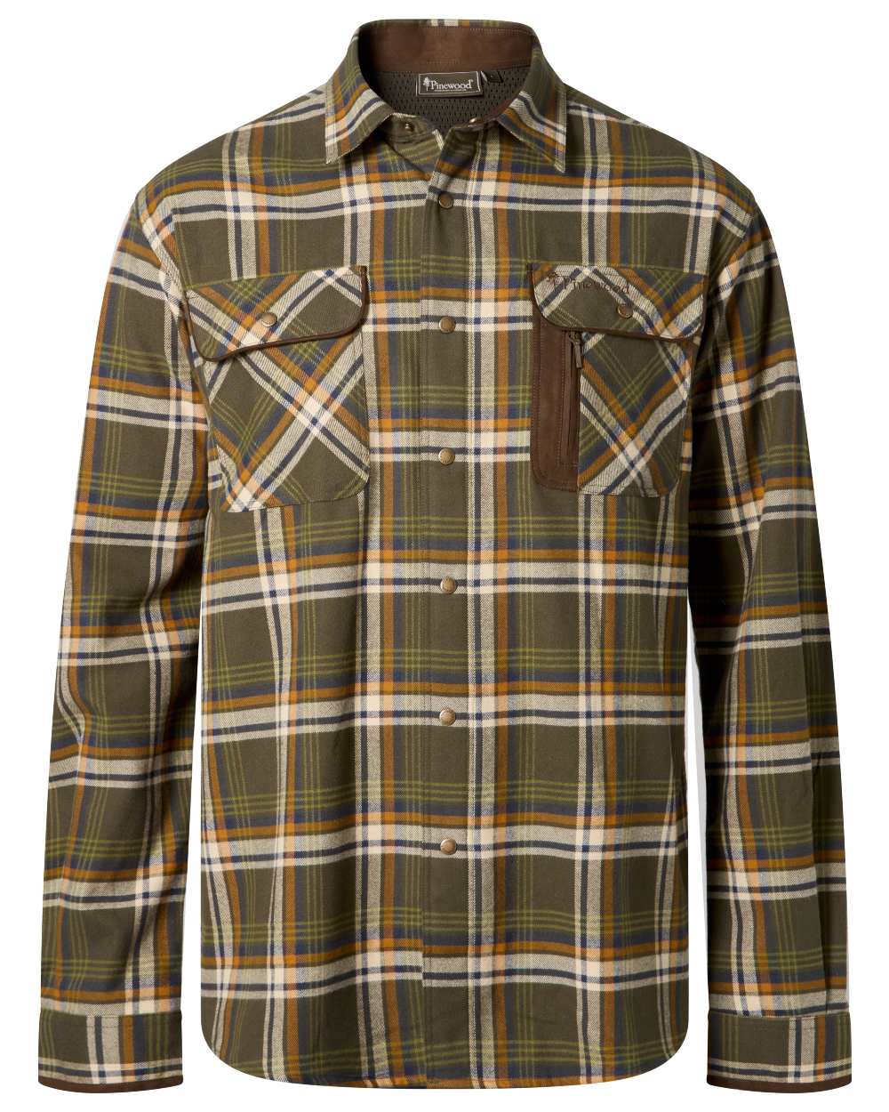 Moss Green Light Khaki coloured Pinewood Mens Cornwall Flannel Shirt on white background 
