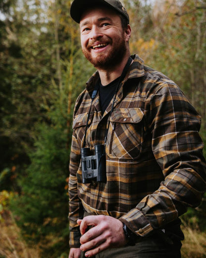 Moss Green Light Khaki coloured Pinewood Mens Cornwall Flannel Shirt on forest background 