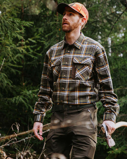 Moss Green Light Khaki coloured Pinewood Mens Cornwall Flannel Shirt on forest background 