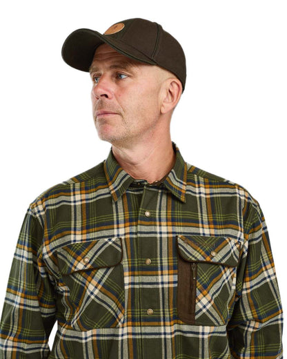 Moss Green Light Khaki coloured Pinewood Mens Cornwall Flannel Shirt on white background 