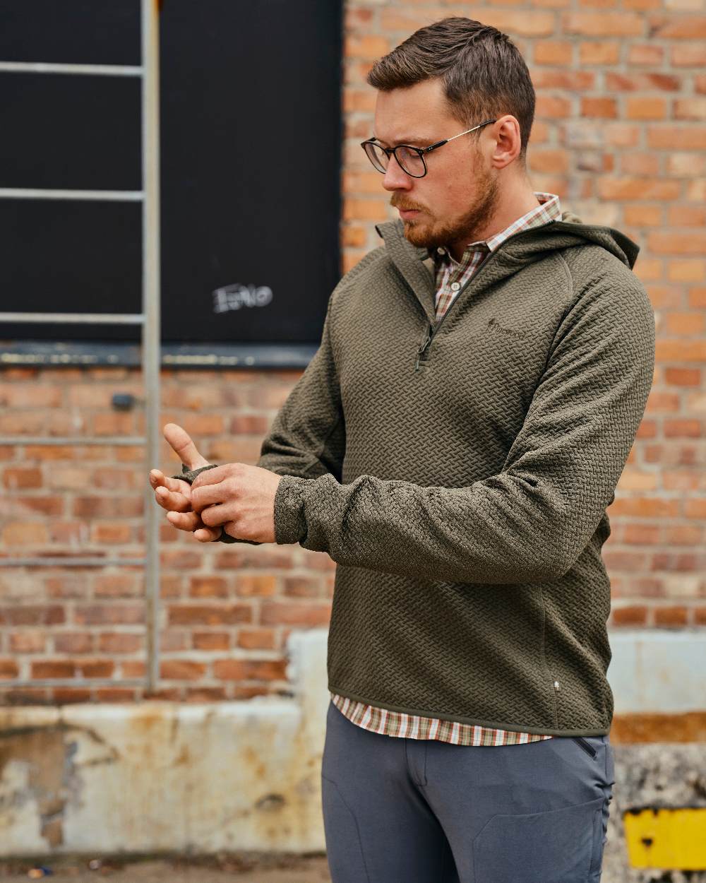 Dark Green Mel Coloured Pinewood Mens Everyday Travel Hoodie on outdoor background 