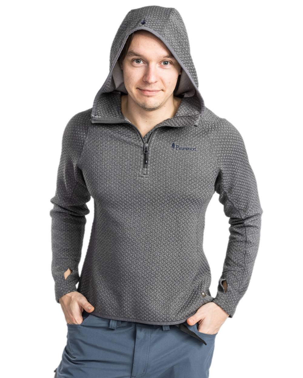 Grey Mel Coloured Pinewood Mens Everyday Travel Hoodie on white background 