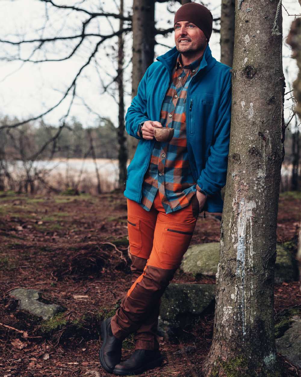 Dark Azur Blue Pinewood Mens Finnveden Fleece Jacket on outdoor background 