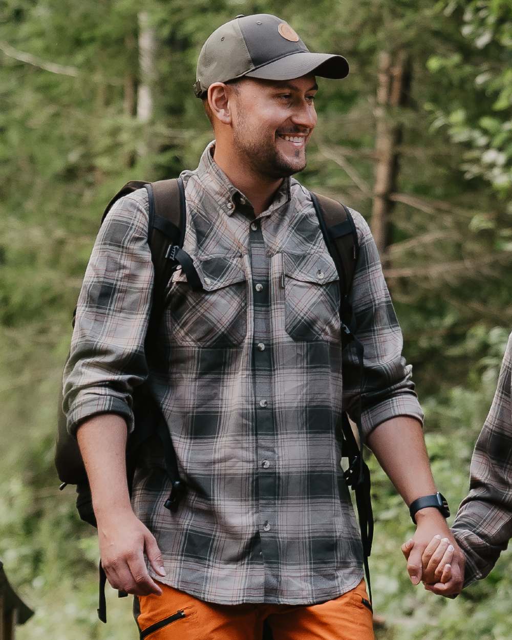 Olive Dark Green coloured Pinewood Mens Finnveden Forest Flannel Shirt on forest background 
