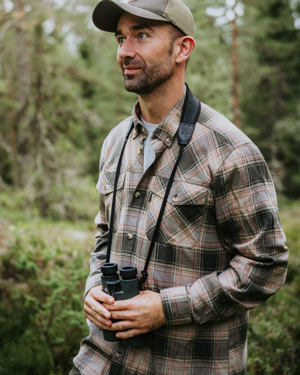 Olive Dark Green coloured Pinewood Mens Finnveden Forest Flannel Shirt on forest background 