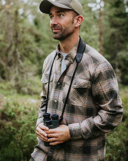 Olive Dark Green coloured Pinewood Mens Finnveden Forest Flannel Shirt on forest background 