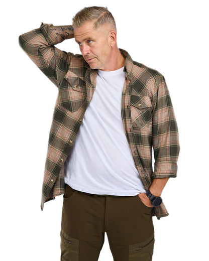 Olive Dark Green coloured Pinewood Mens Finnveden Forest Flannel Shirt on white background 