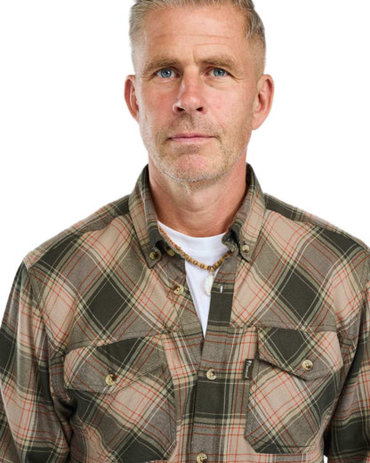 Olive Dark Green coloured Pinewood Mens Finnveden Forest Flannel Shirt on white background 