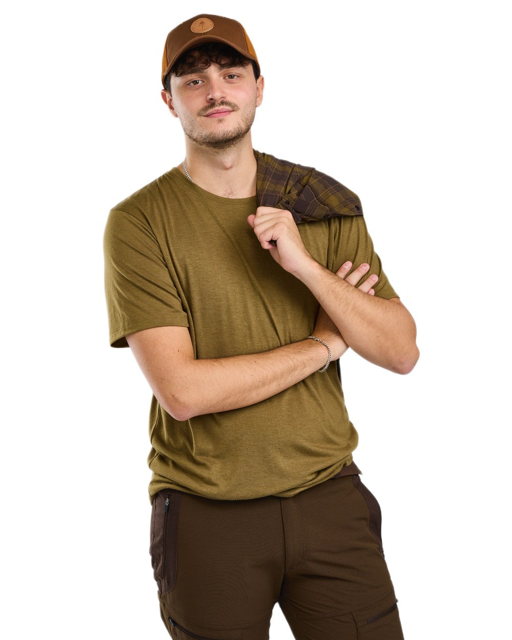Olive Green coloured Pinewood Mens Finnveden Forest T-Shirt on white background 