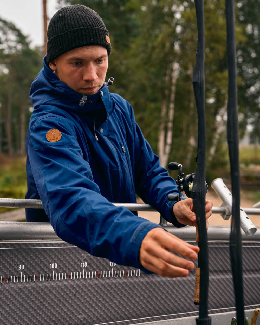 Dark Dive Coloured Pinewood Mens Finnveden Hybrid Extreme Jacket on forest background 