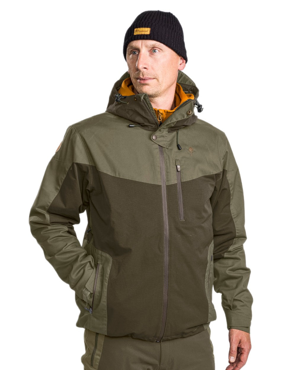Dark Olive Hunting Olive Coloured Pinewood Mens Finnveden Hybrid Extreme Jacket on white background 