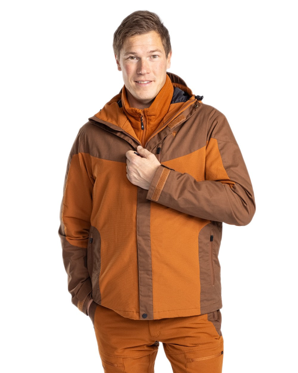 Fudge Nougat Coloured Pinewood Mens Finnveden Hybrid Extreme Jacket on white background 