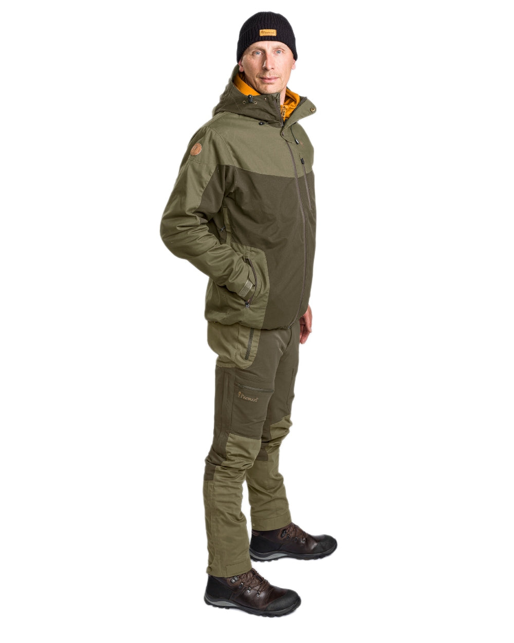 Dark Olive Hunting Olive Coloured Pinewood Mens Finnveden Hybrid Extreme Trousers on white background 
