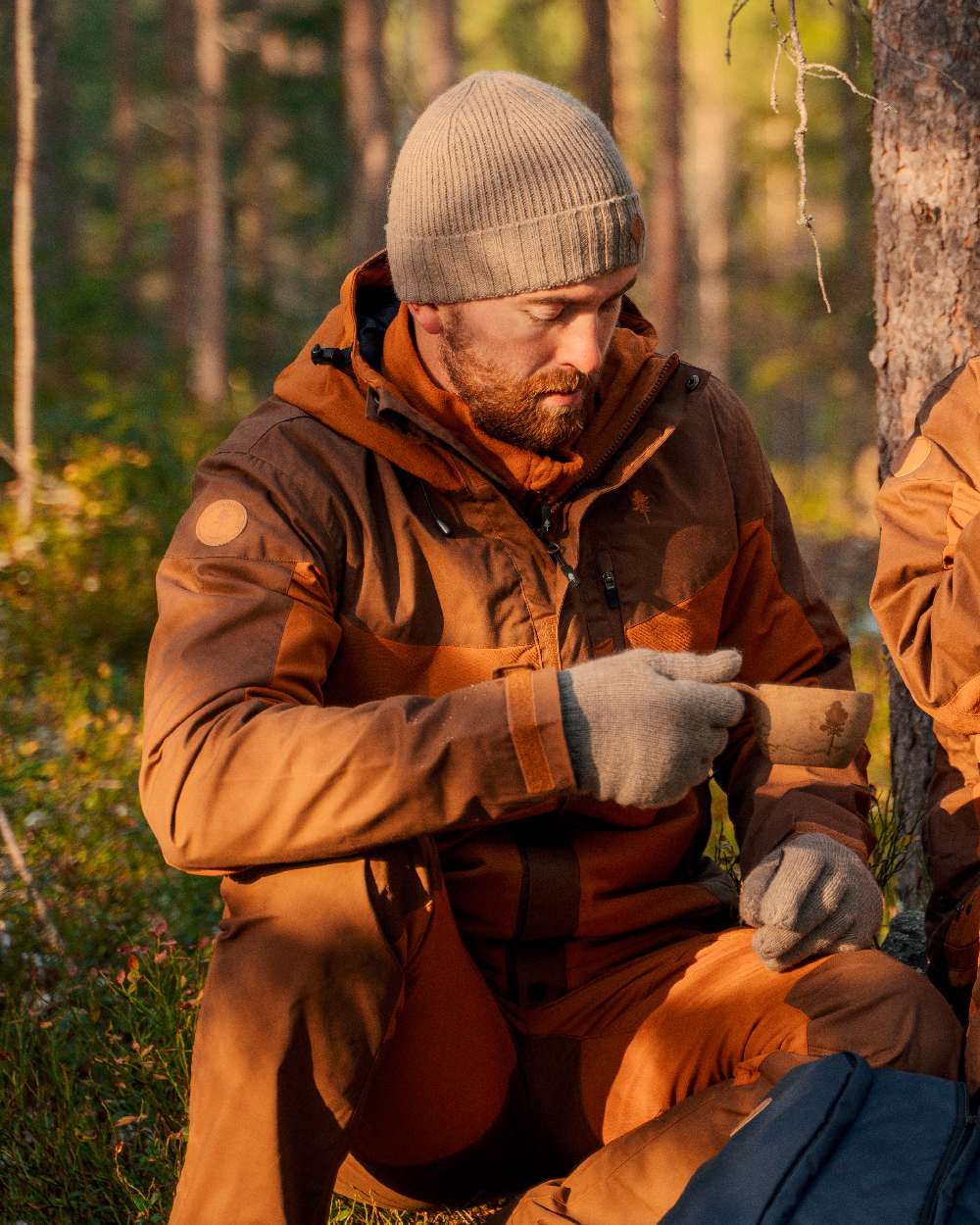 Fudge Nougat Coloured Pinewood Mens Finnveden Hybrid Extreme Trousers on forest background 