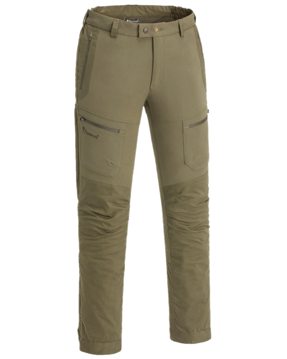 Hunting Olive Coloured Pinewood Mens Finnveden Hybrid Trousers on white background 