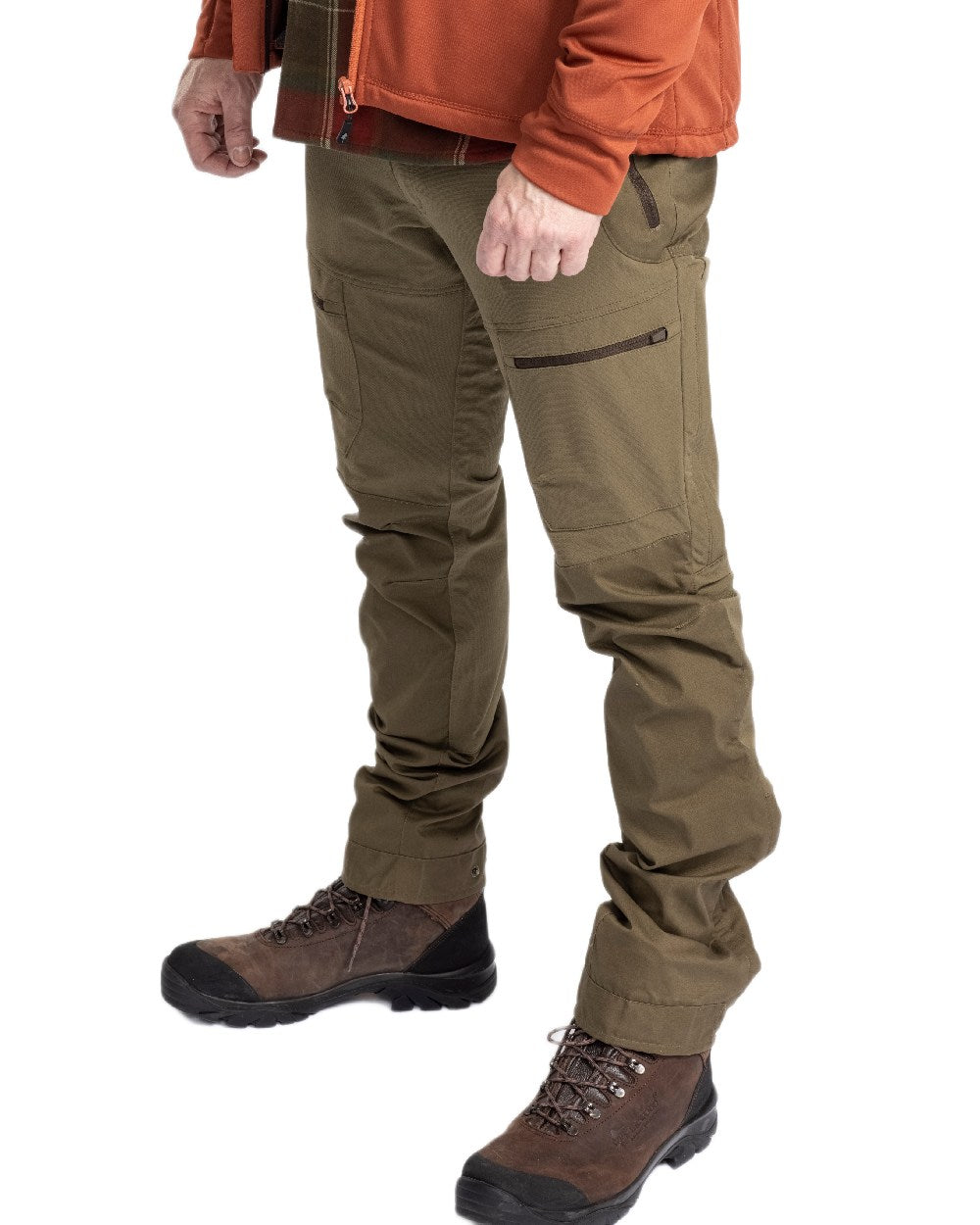 Hunting Olive Coloured Pinewood Mens Finnveden Hybrid Trousers on white background 