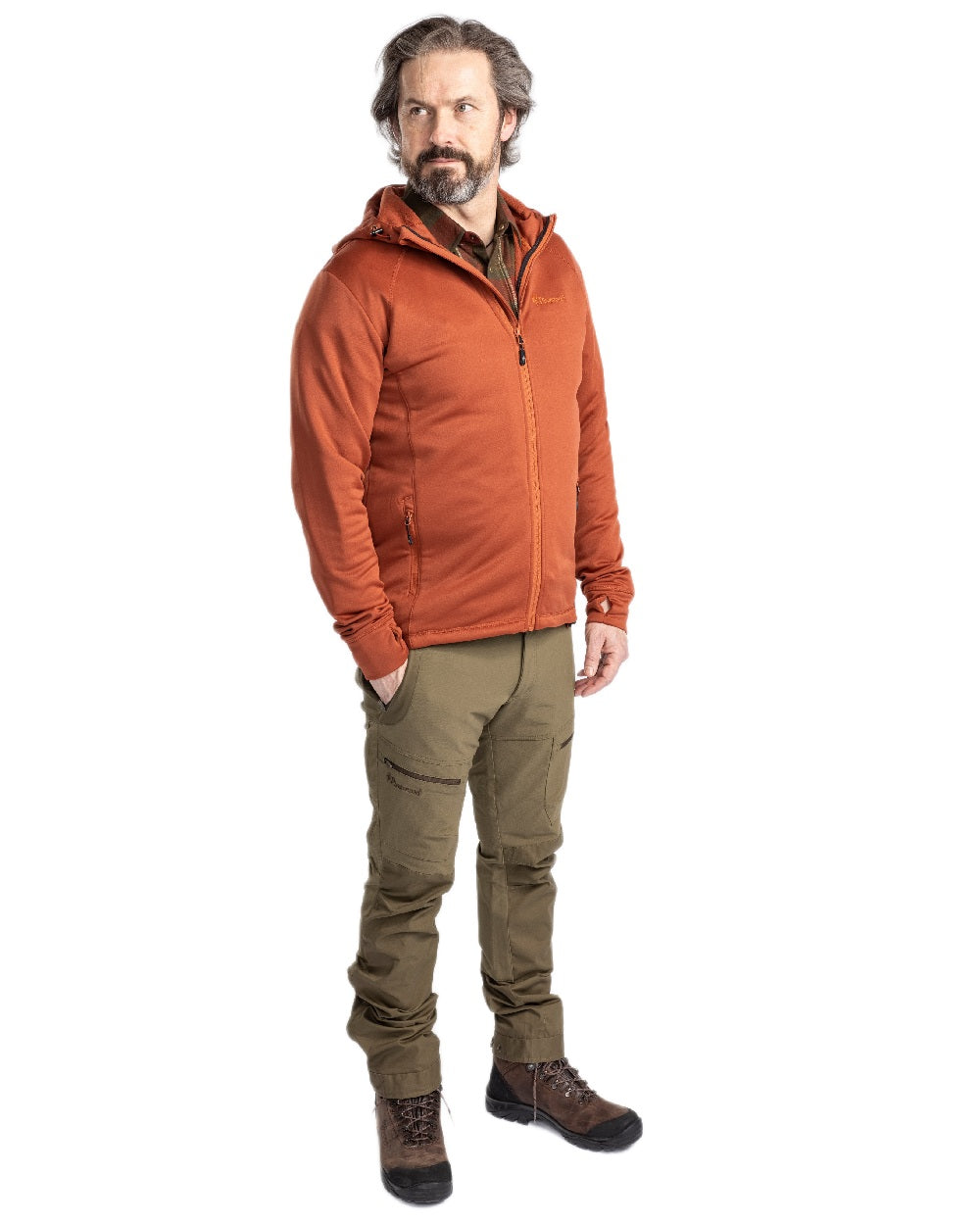 Hunting Olive Coloured Pinewood Mens Finnveden Hybrid Trousers on white background 
