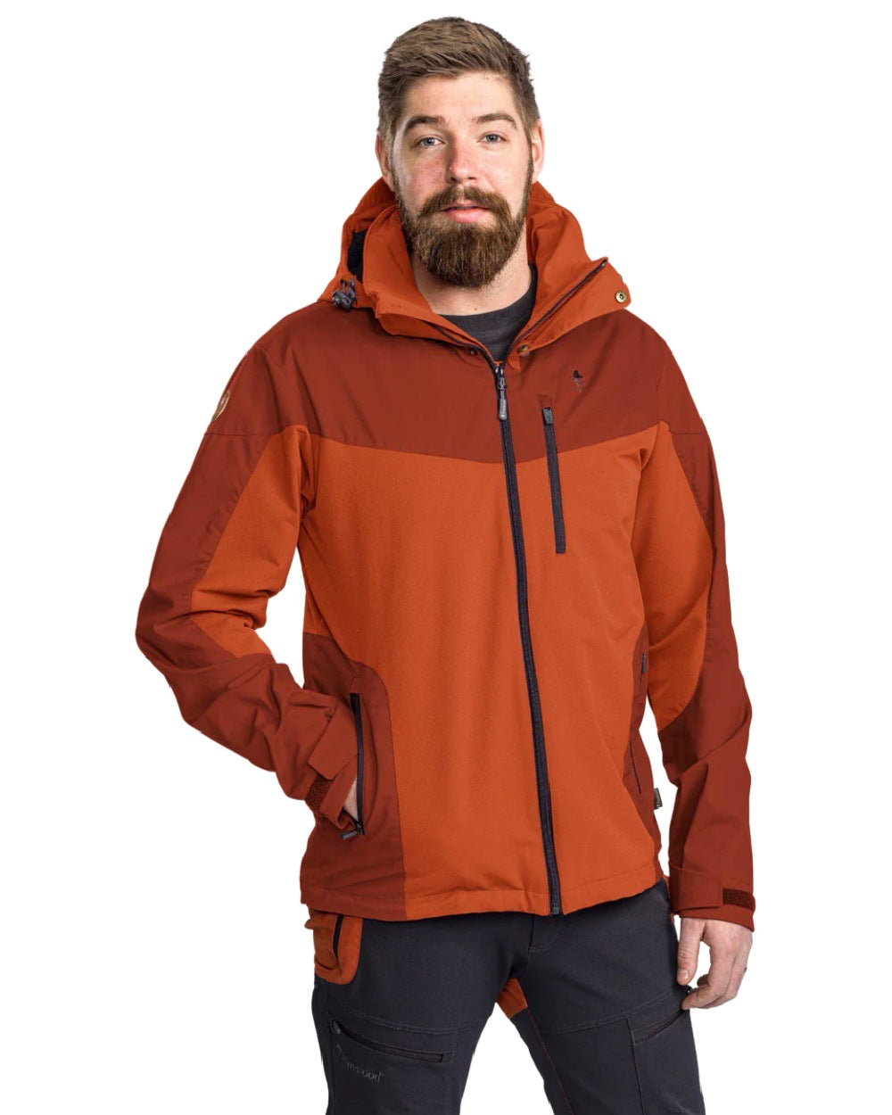 Terracotta coloured Pinewood Mens Finnveden Hybrid Jacket on white background 