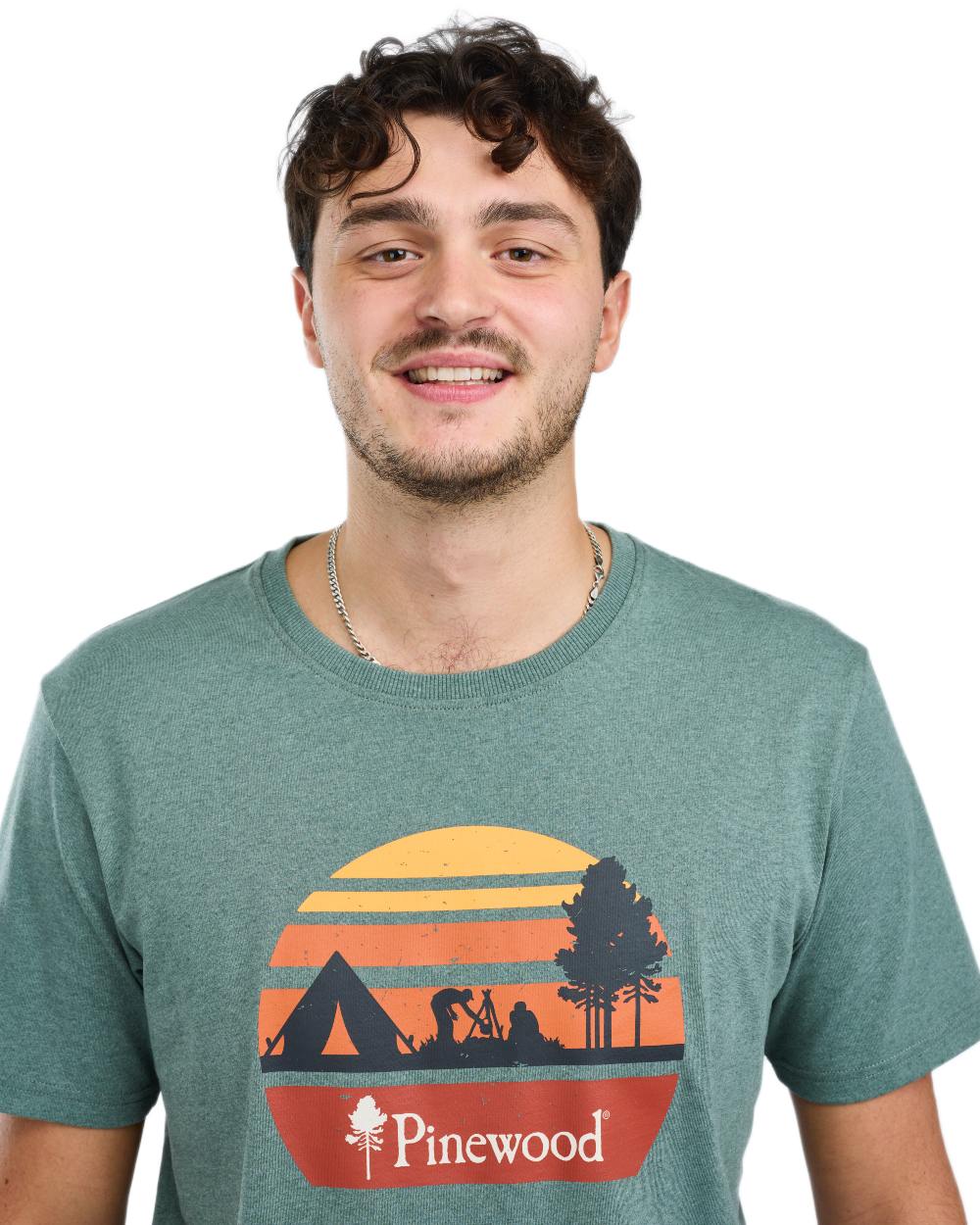Aqua Grey Melange Campsite coloured Pinewood Mens Finnveden Recycled T-Shirt on white background 