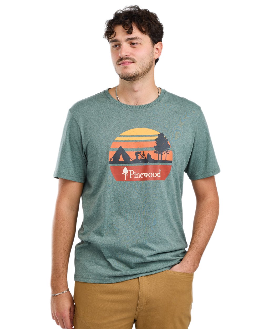 Aqua Grey Melange Campsite coloured Pinewood Mens Finnveden Recycled T-Shirt on white background 