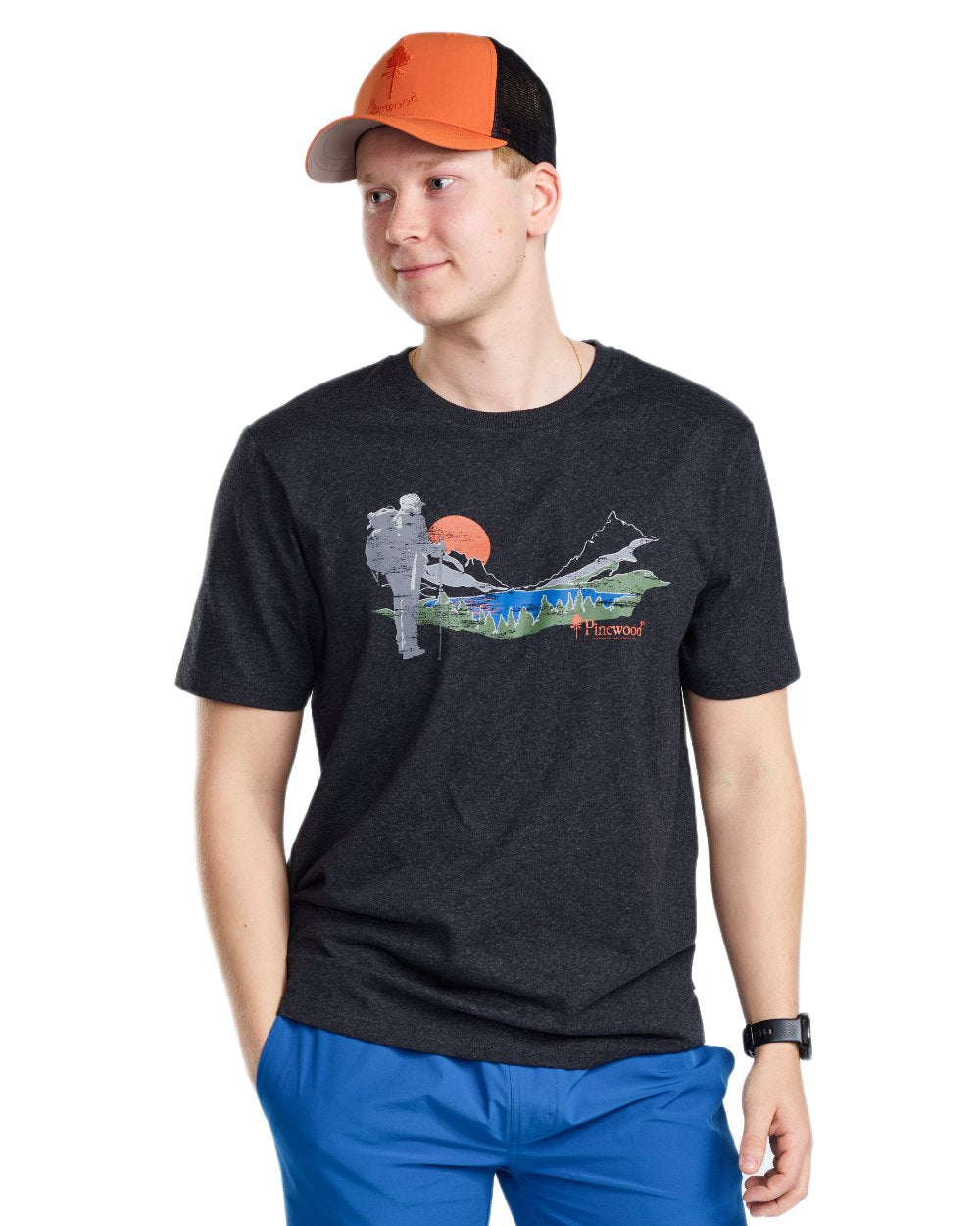Dark Anthracite Sunset coloured Pinewood Mens Finnveden Recycled T-Shirt on white background 