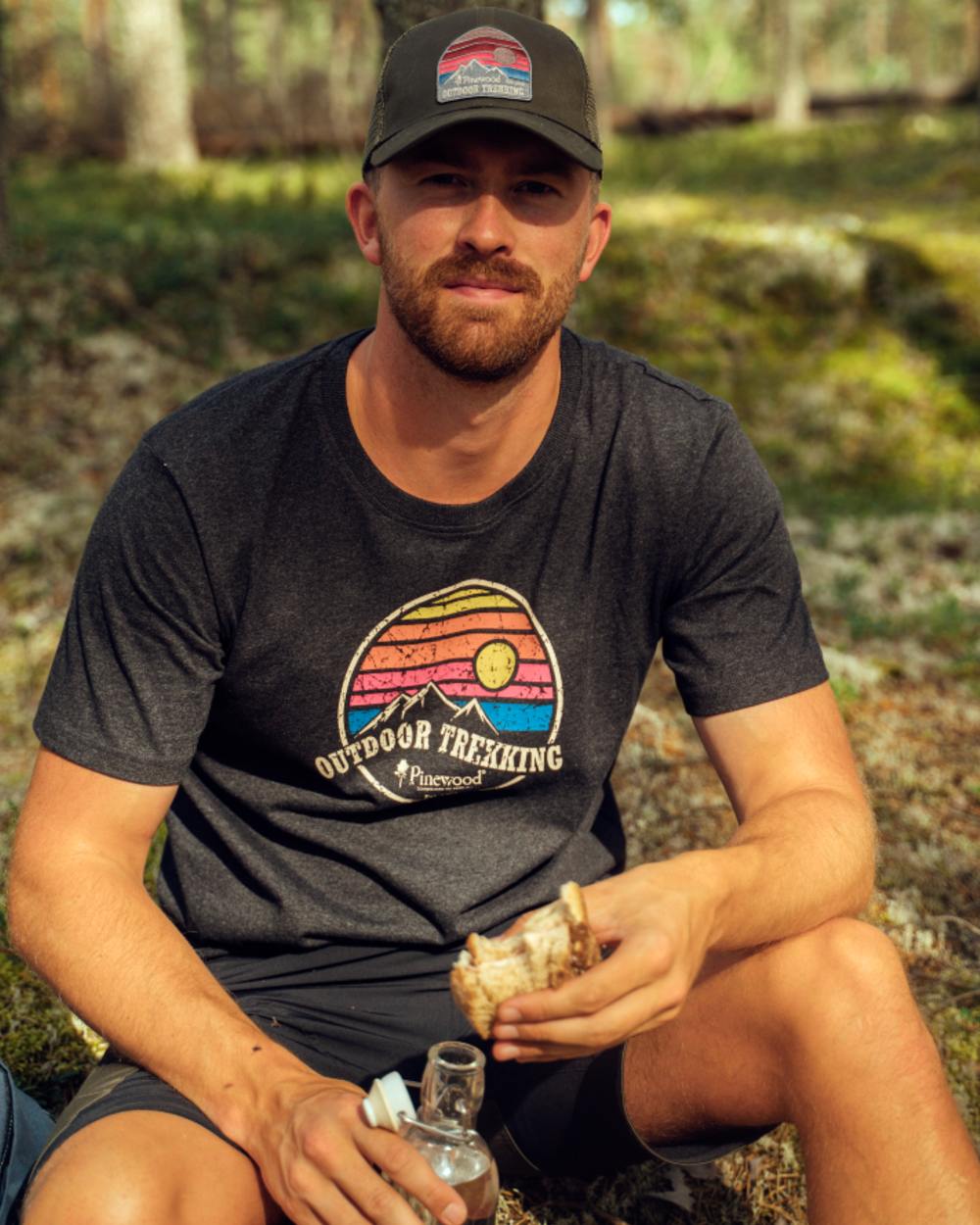 Dark Anthracite Melange coloured Pinewood Mens Finnveden Recycled T-Shirt on forest background 