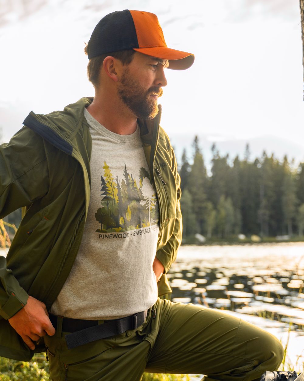 Light Grey Melange Forest coloured Pinewood Mens Finnveden Recycled T-Shirt on forest background 
