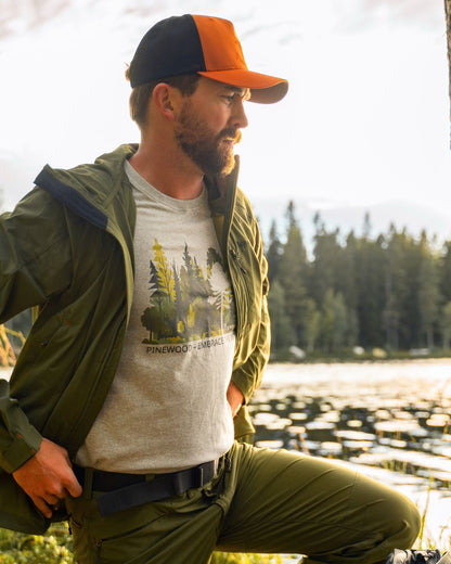 Light Grey Melange Forest coloured Pinewood Mens Finnveden Recycled T-Shirt on forest background 